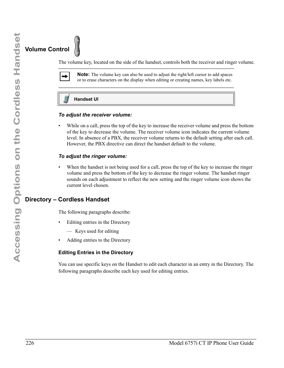 Handset battery indicator & status, Volume control, To adjust the receiver volume | To adjust the ringer volume, Directory – cordless handset, Editing entries in the directory, Volume control directory – cordless handset, Accessing options on the cordless handset | Aastra Telecom 6757I CT User Manual | Page 236 / 310
