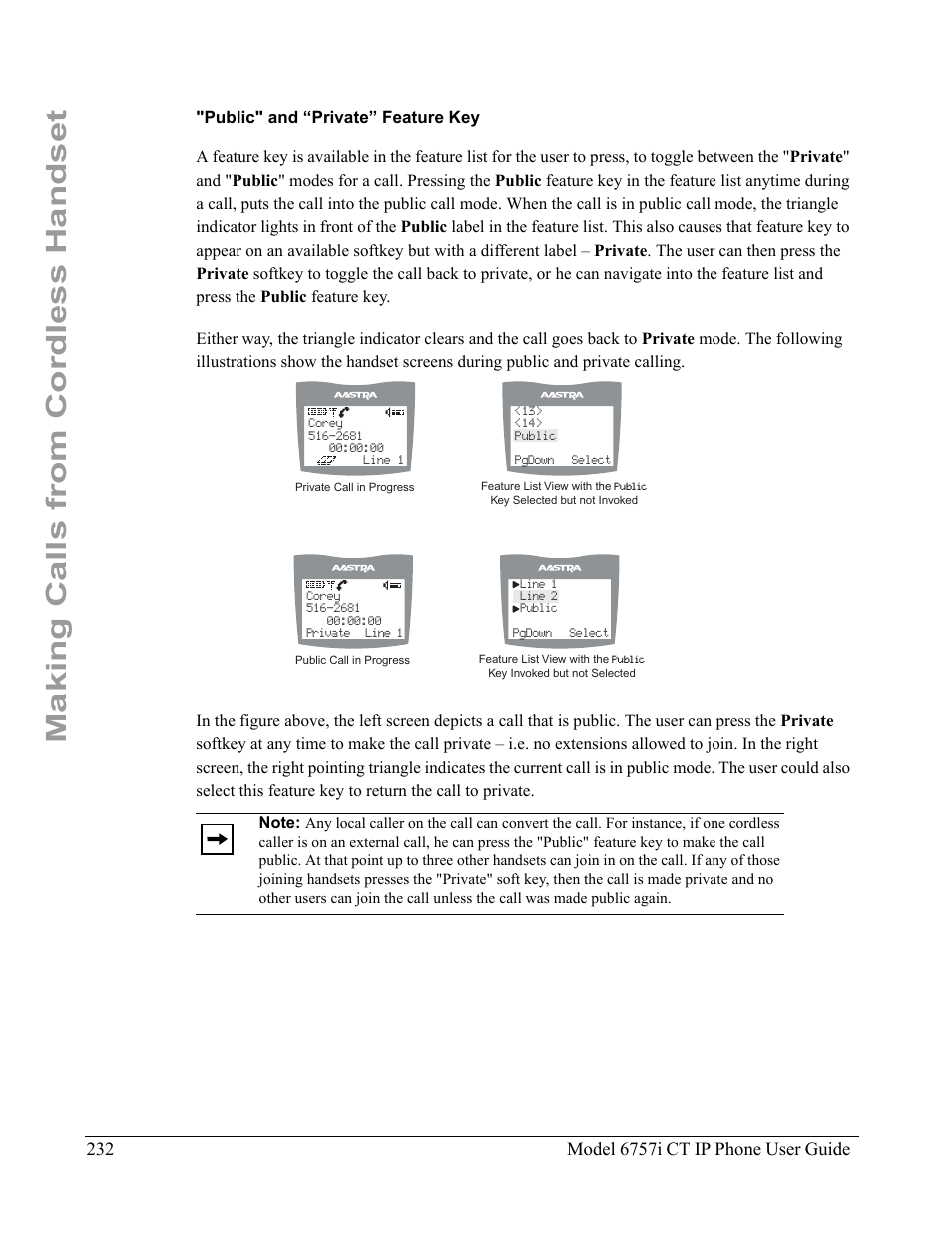 Public" and “private” feature key, Making calls from cordless handset | Aastra Telecom 6757I CT User Manual | Page 242 / 310