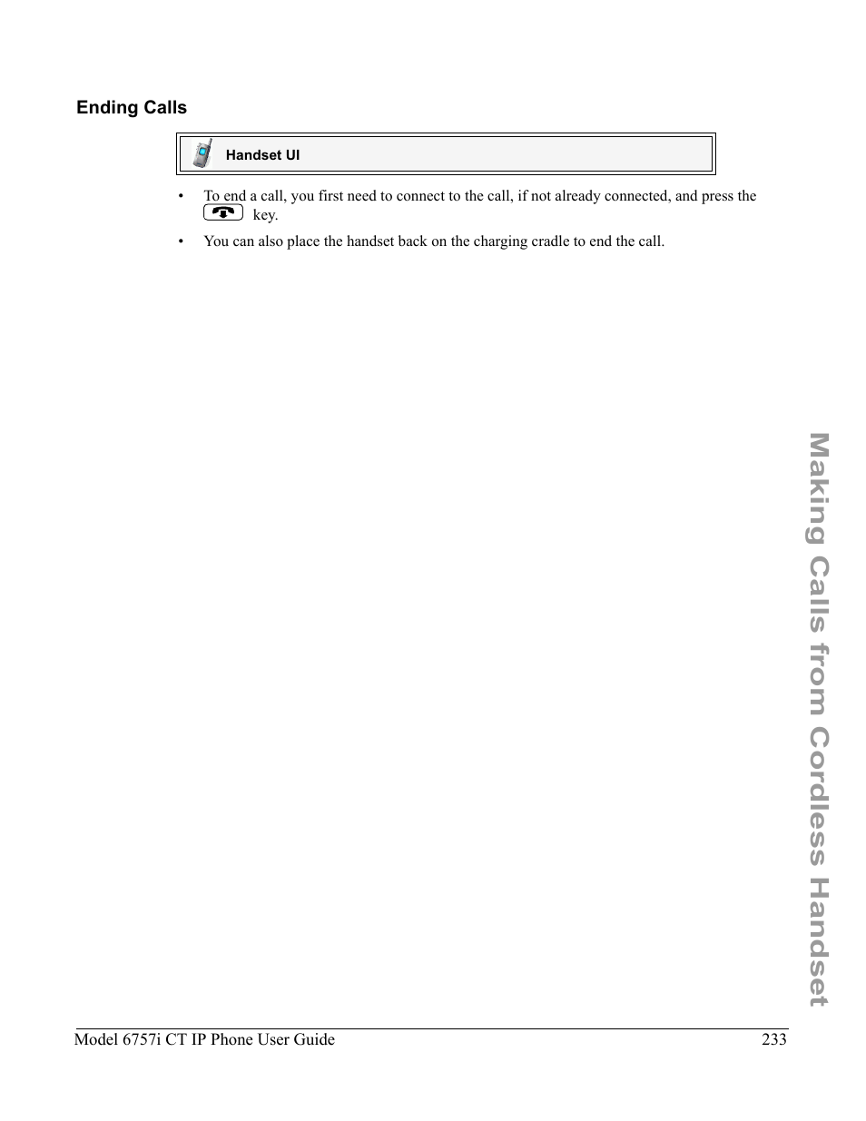 Ending calls, Making calls from cordless handset | Aastra Telecom 6757I CT User Manual | Page 243 / 310