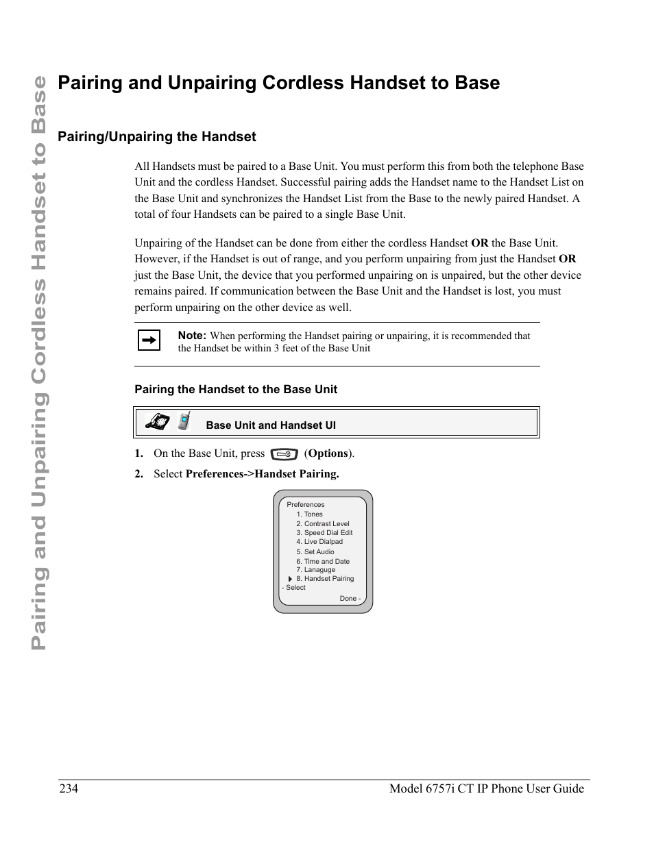 Pairing and unpairing cordless handset to base, Pairing/unpairing the handset, Pairing the handset to the base unit | Aastra Telecom 6757I CT User Manual | Page 244 / 310