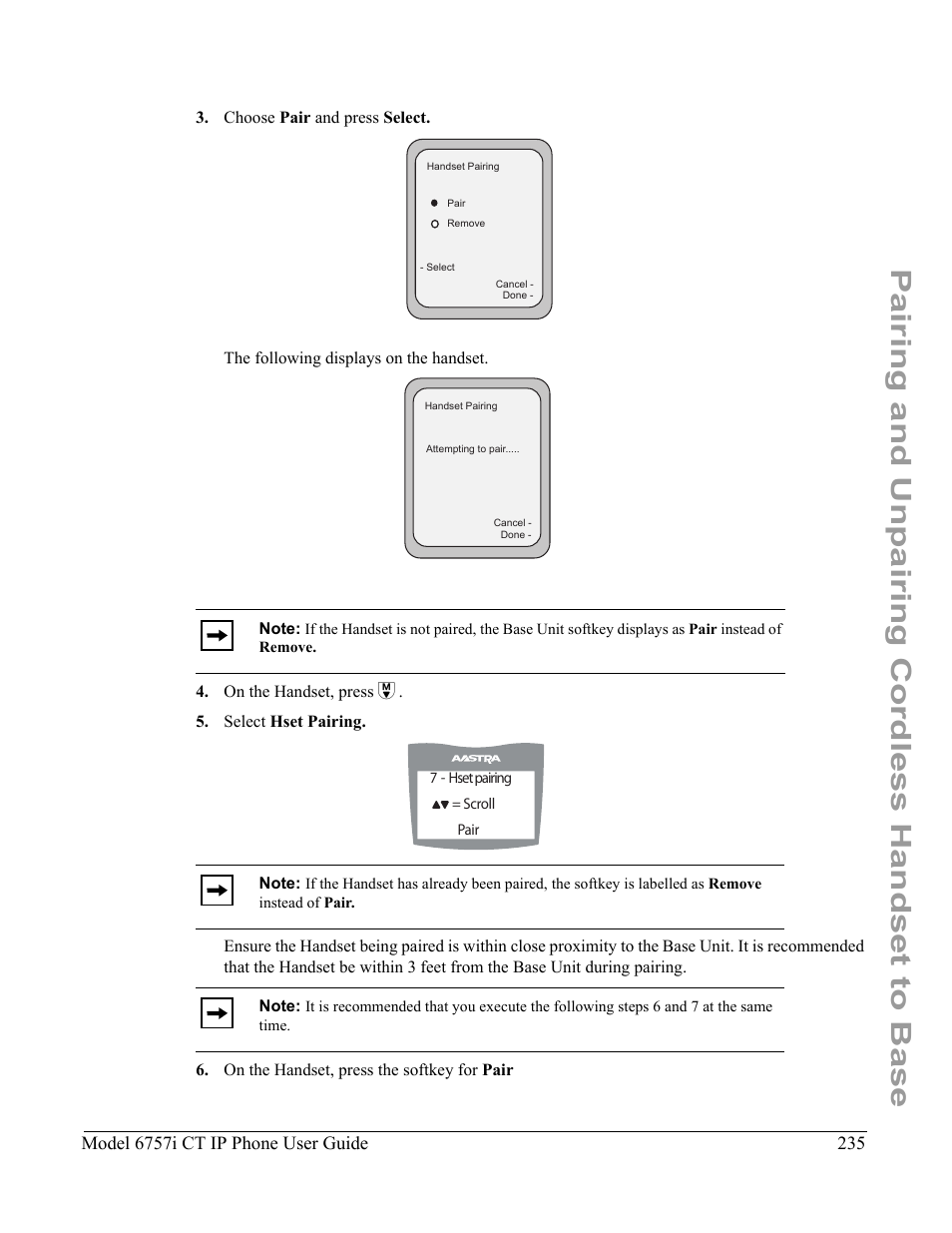 Pairing and unpairing cordless handset to base, Model 6757i ct ip phone user guide | Aastra Telecom 6757I CT User Manual | Page 245 / 310