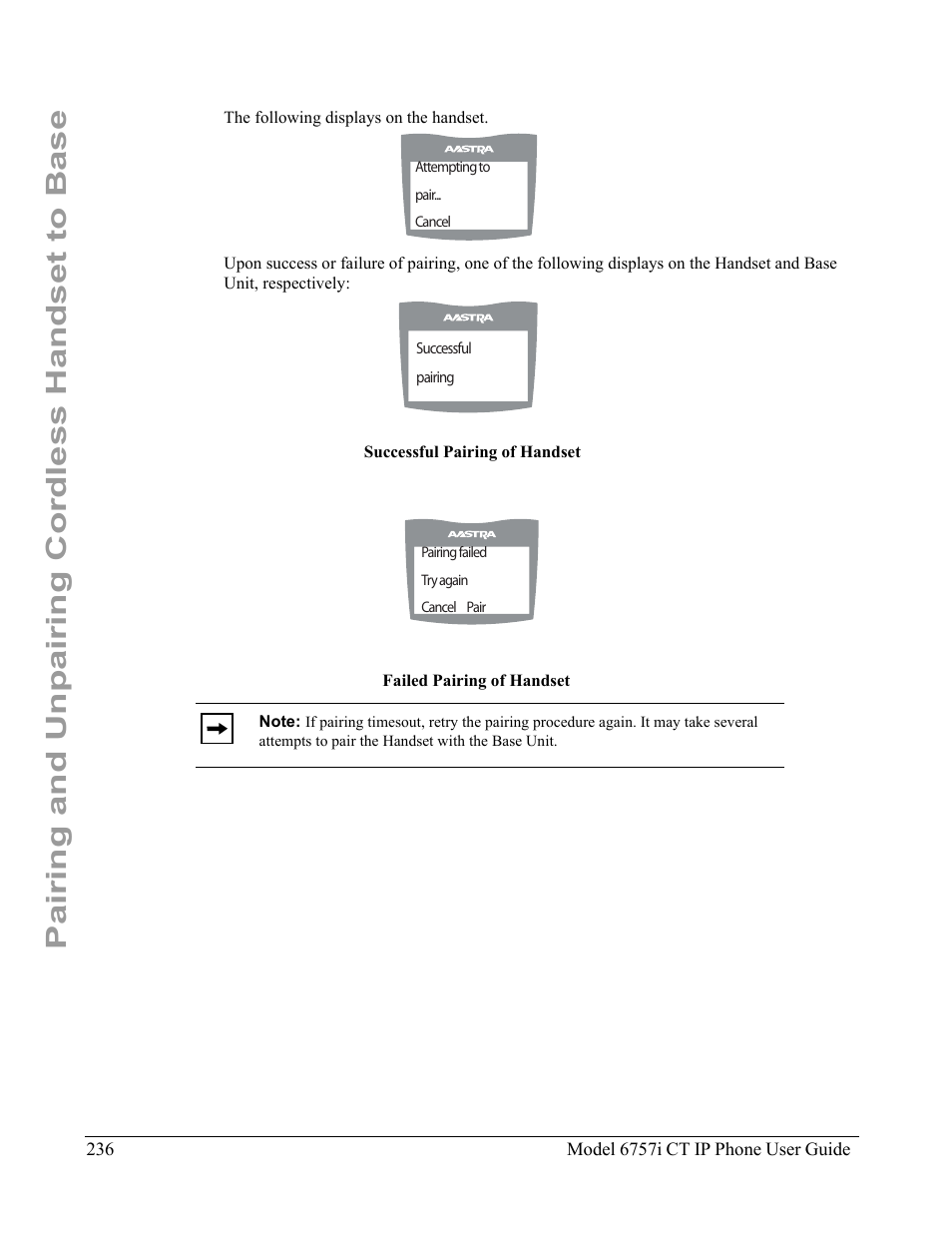 Pairing and unpairing cordless handset to base | Aastra Telecom 6757I CT User Manual | Page 246 / 310