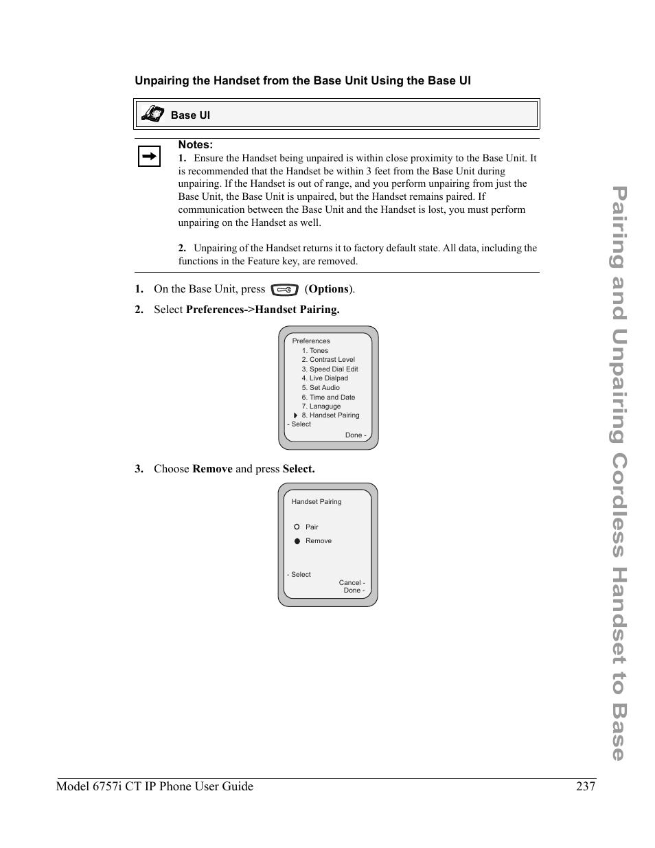Pairing and unpairing cordless handset to base, Model 6757i ct ip phone user guide | Aastra Telecom 6757I CT User Manual | Page 247 / 310