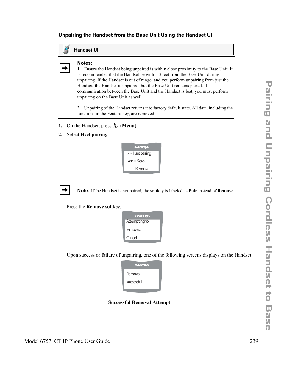 Pairing and unpairing cordless handset to base | Aastra Telecom 6757I CT User Manual | Page 249 / 310