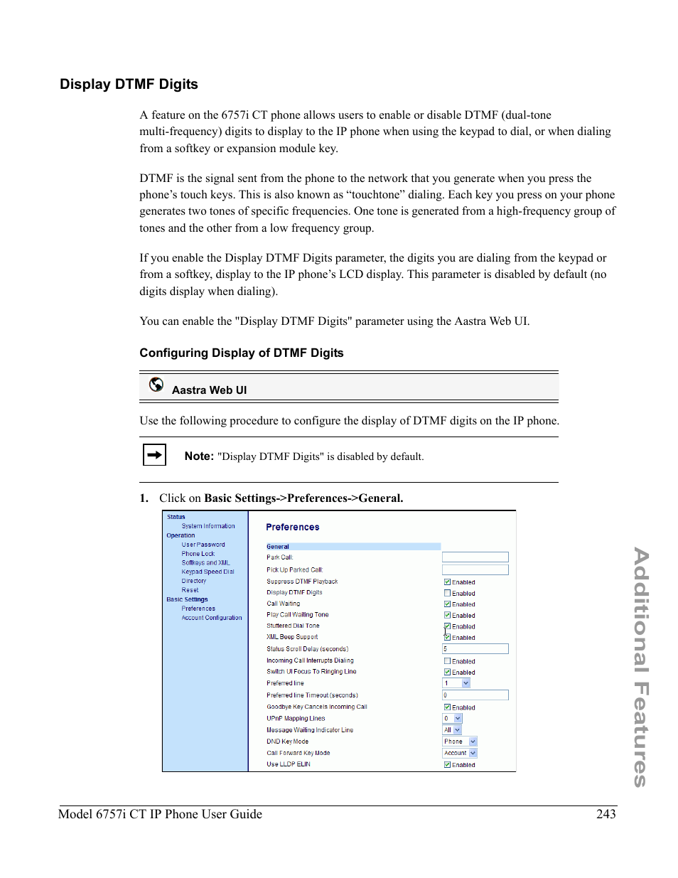 Display dtmf digits, Configuring display of dtmf digits, Additional features | Aastra Telecom 6757I CT User Manual | Page 253 / 310