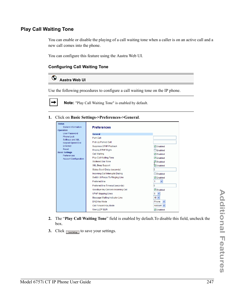 Play call waiting tone, Configuring call waiting tone, Additional features | Aastra Telecom 6757I CT User Manual | Page 257 / 310