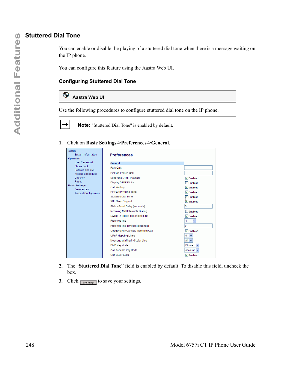 Stuttered dial tone, Configuring stuttered dial tone, Additional features | Aastra Telecom 6757I CT User Manual | Page 258 / 310