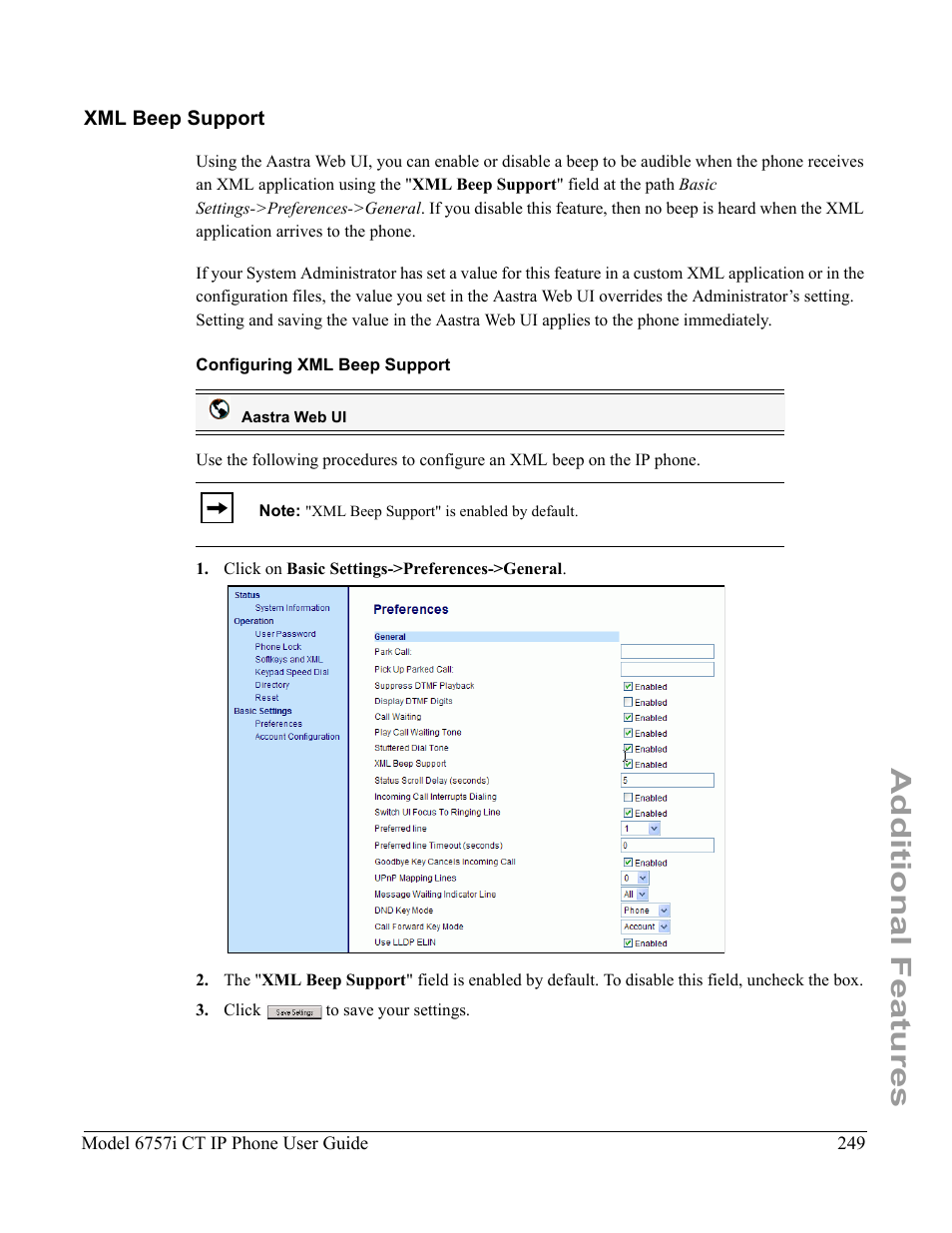 Xml beep support, Configuring xml beep support, Additional features | Aastra Telecom 6757I CT User Manual | Page 259 / 310