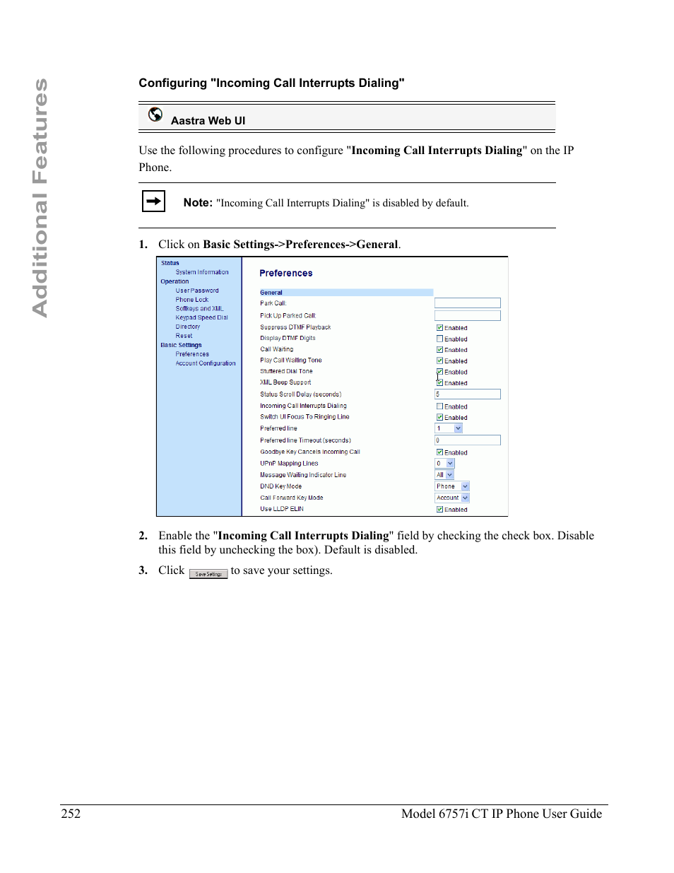 Configuring "incoming call interrupts dialing, Additional features | Aastra Telecom 6757I CT User Manual | Page 262 / 310