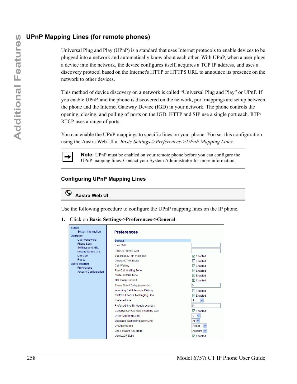 Upnp mapping lines (for remote phones), Configuring upnp mapping lines, Additional features | Aastra Telecom 6757I CT User Manual | Page 268 / 310