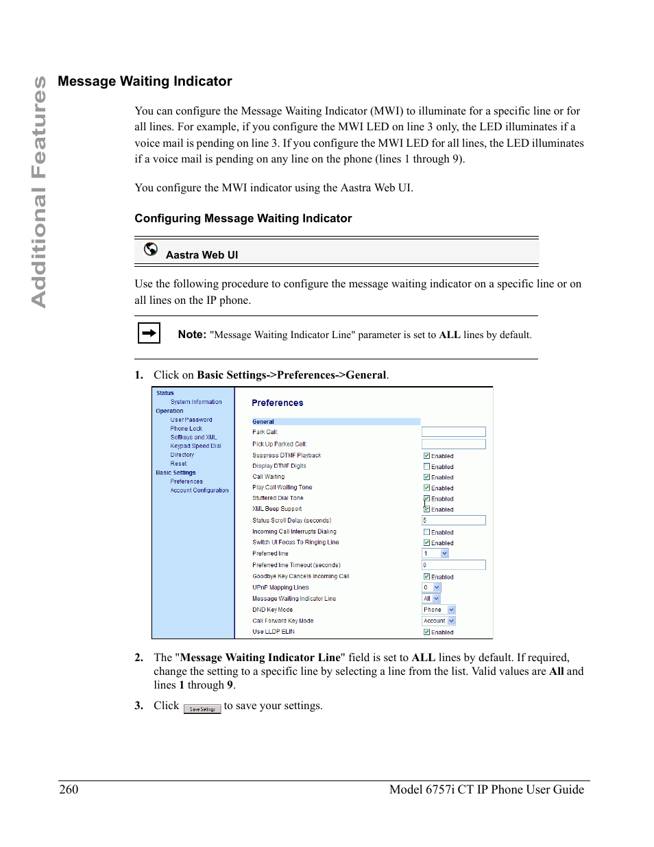 Message waiting indicator, Configuring message waiting indicator, Additional features | Aastra Telecom 6757I CT User Manual | Page 270 / 310