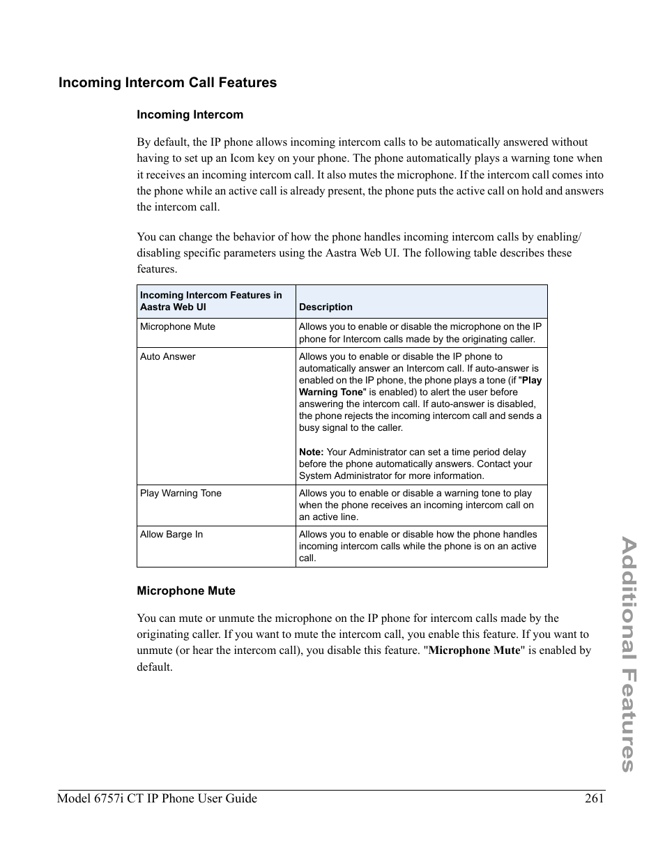 Incoming intercom call features, Incoming intercom, Microphone mute | Additional features | Aastra Telecom 6757I CT User Manual | Page 271 / 310