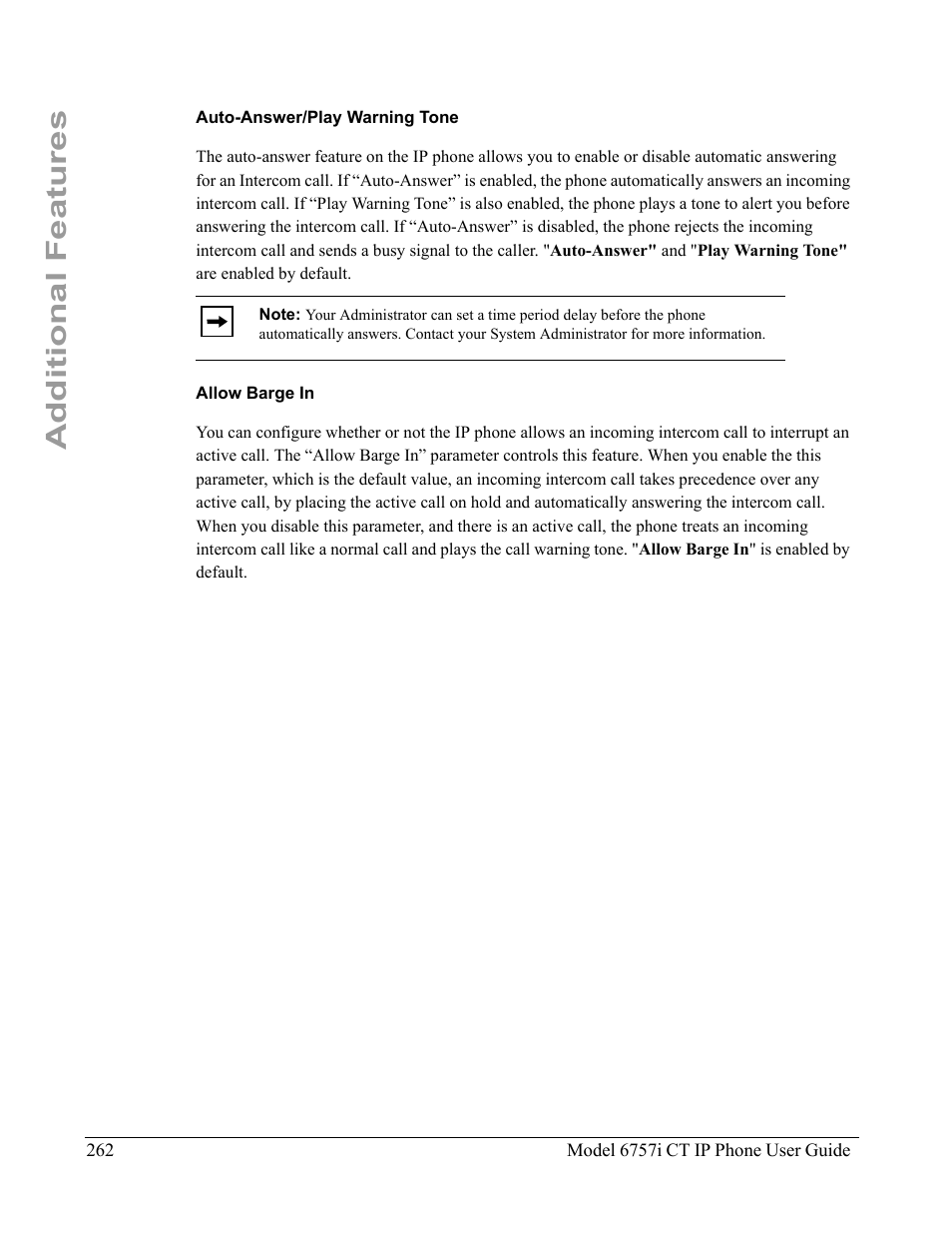 Auto-answer/play warning tone, Allow barge in, Additional features | Aastra Telecom 6757I CT User Manual | Page 272 / 310