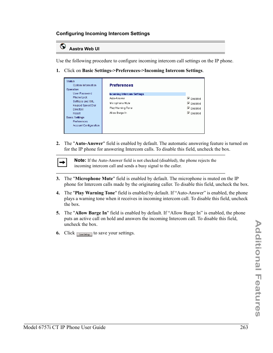 Configuring incoming intercom settings, Additional features | Aastra Telecom 6757I CT User Manual | Page 273 / 310