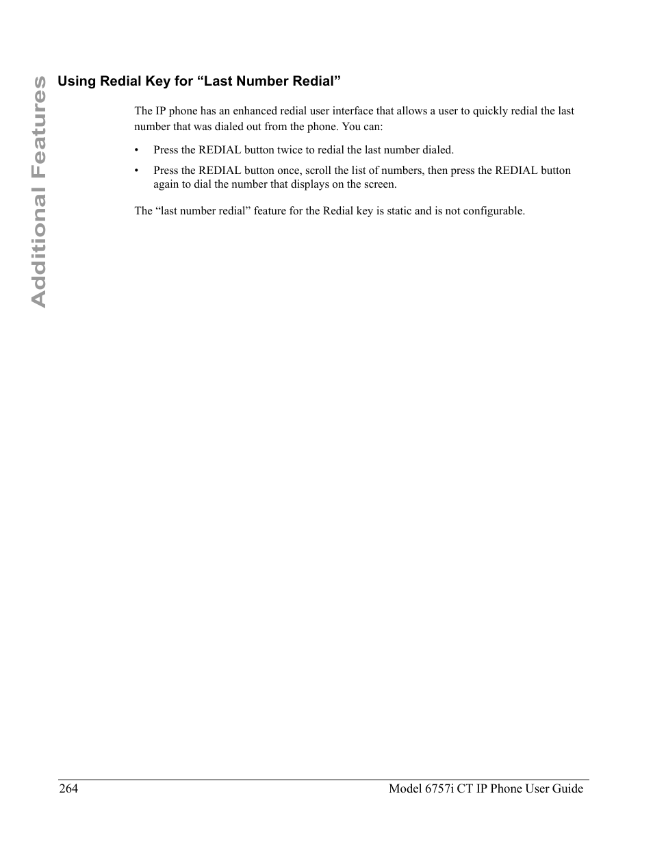 Using redial key for “last number redial, Additional features | Aastra Telecom 6757I CT User Manual | Page 274 / 310