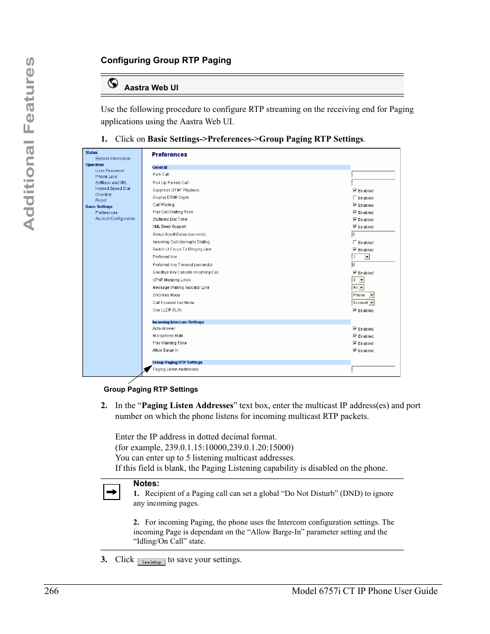 Configuring group rtp paging, Additional features | Aastra Telecom 6757I CT User Manual | Page 276 / 310