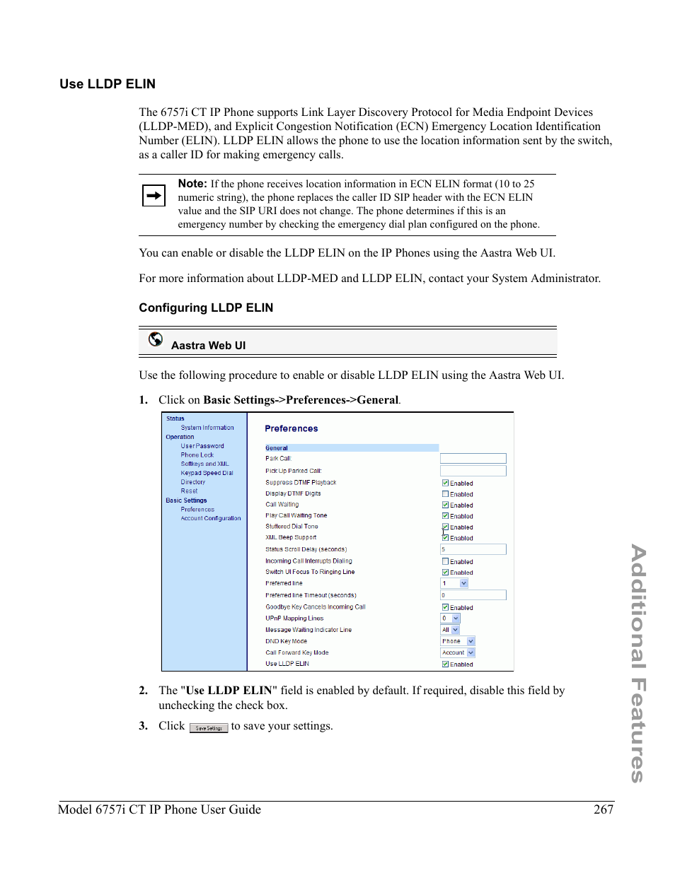 Use lldp elin, Configuring lldp elin, Additional features | Aastra Telecom 6757I CT User Manual | Page 277 / 310