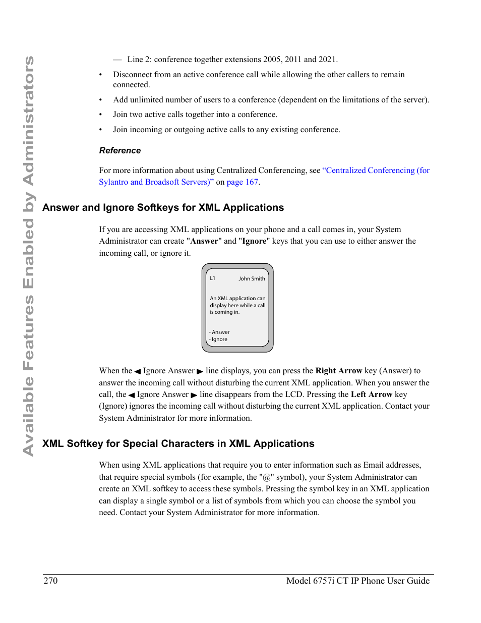 Reference, Answer and ignore softkeys for xml applications, Available features enabled by administrators | Aastra Telecom 6757I CT User Manual | Page 280 / 310