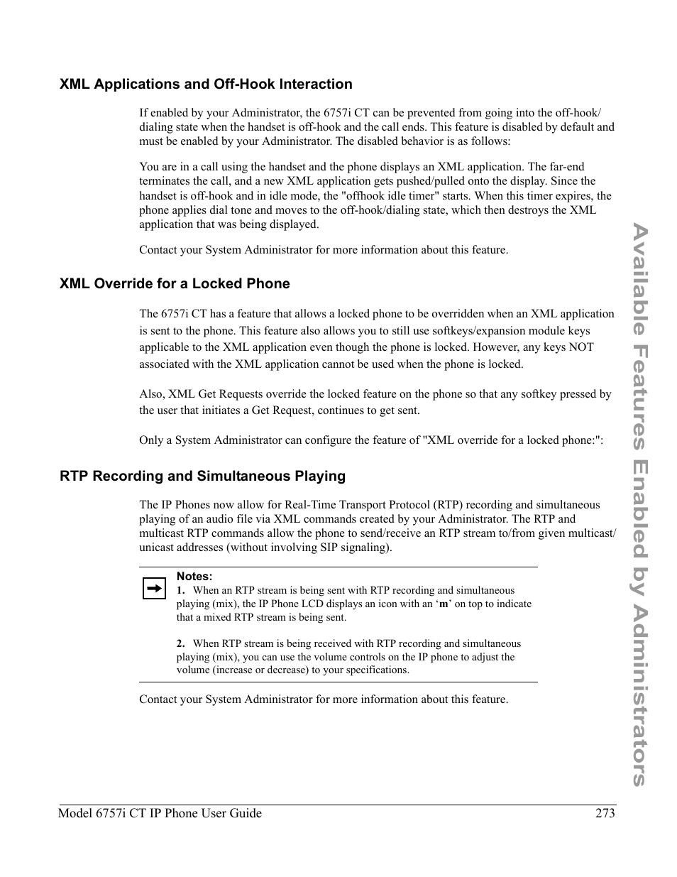 Xml applications and off-hook interaction, Xml override for a locked phone, Rtp recording and simultaneous playing | Available features enabled by administrators | Aastra Telecom 6757I CT User Manual | Page 283 / 310