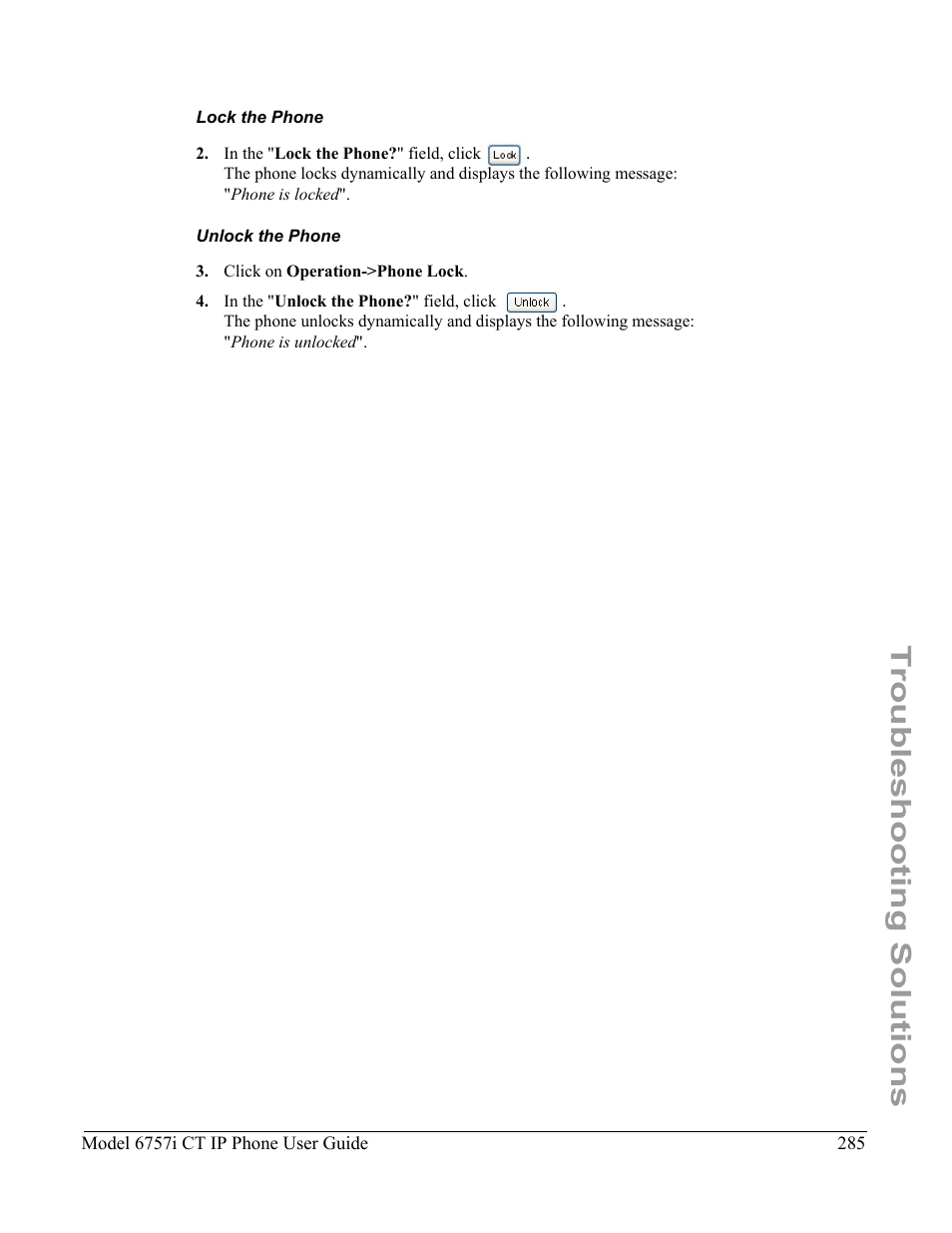 Lock the phone, Unlock the phone, Troubleshooting solutions | Aastra Telecom 6757I CT User Manual | Page 295 / 310