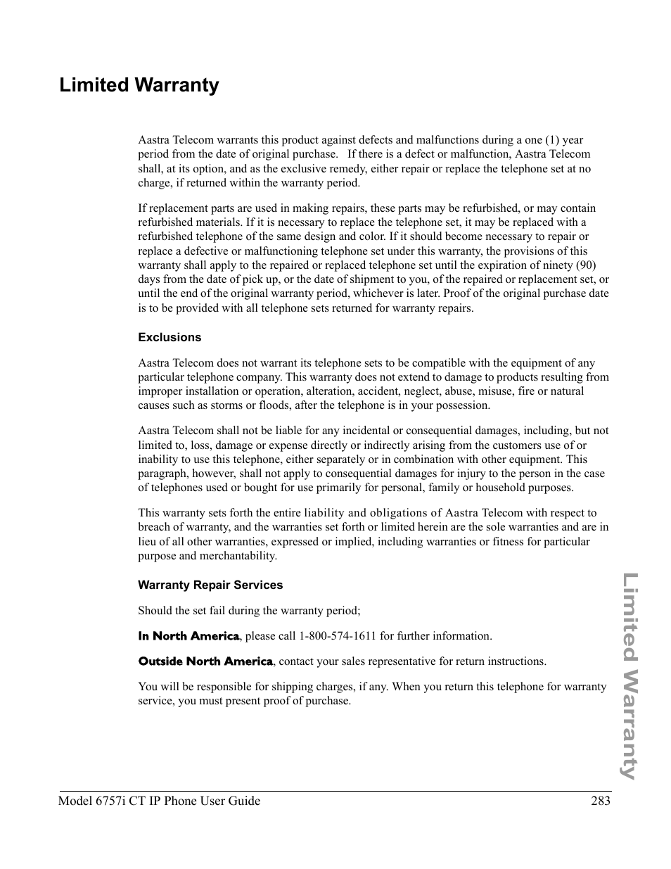 Limited warranty, Exclusions, Warranty repair services | Aastra Telecom 6757I CT User Manual | Page 297 / 310