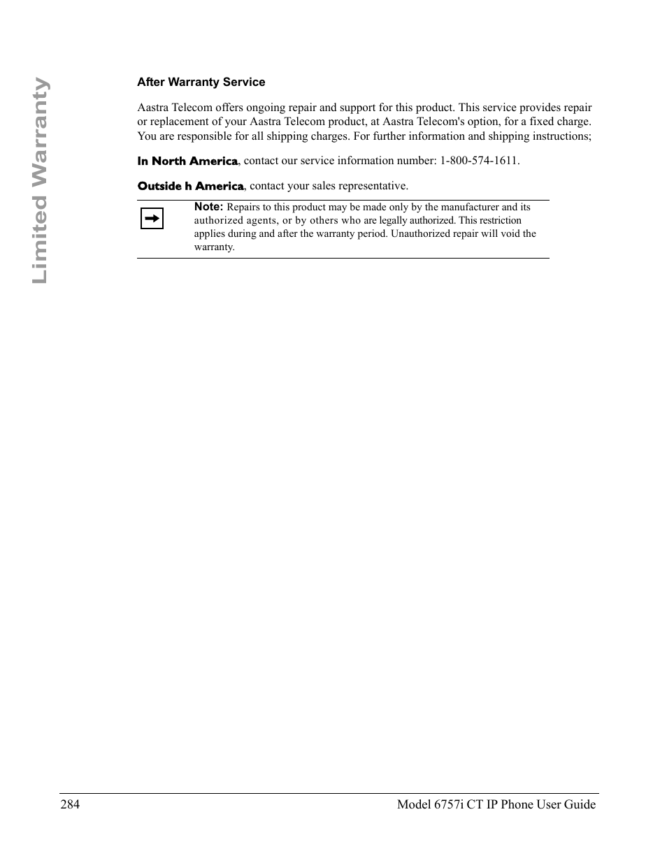 After warranty service, Limited warranty | Aastra Telecom 6757I CT User Manual | Page 298 / 310