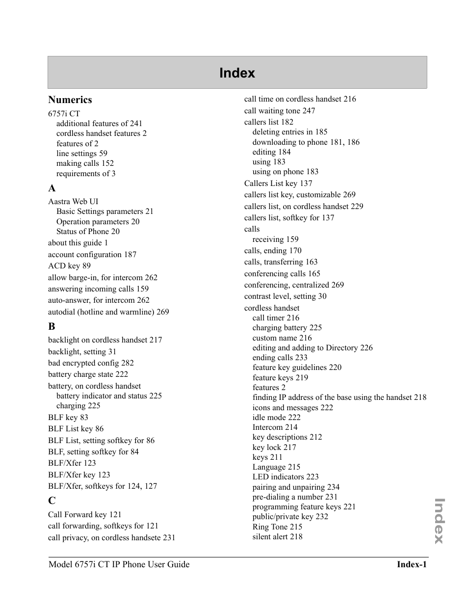 Index, Numerics | Aastra Telecom 6757I CT User Manual | Page 303 / 310