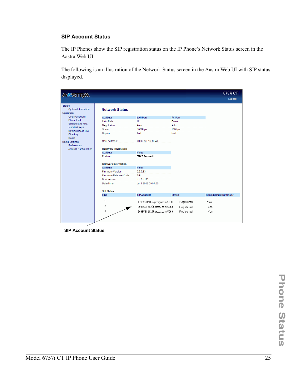 Sip account status, Phone status | Aastra Telecom 6757I CT User Manual | Page 35 / 310