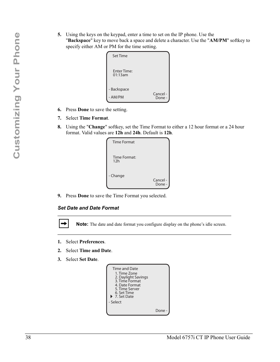Set date and date format, Customizing your phone | Aastra Telecom 6757I CT User Manual | Page 48 / 310