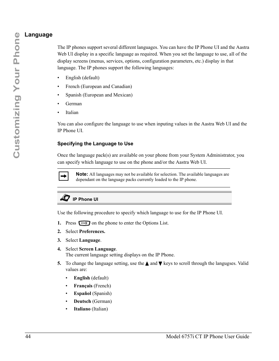Language, Specifying the language to use, Customizing your phone | Aastra Telecom 6757I CT User Manual | Page 54 / 310