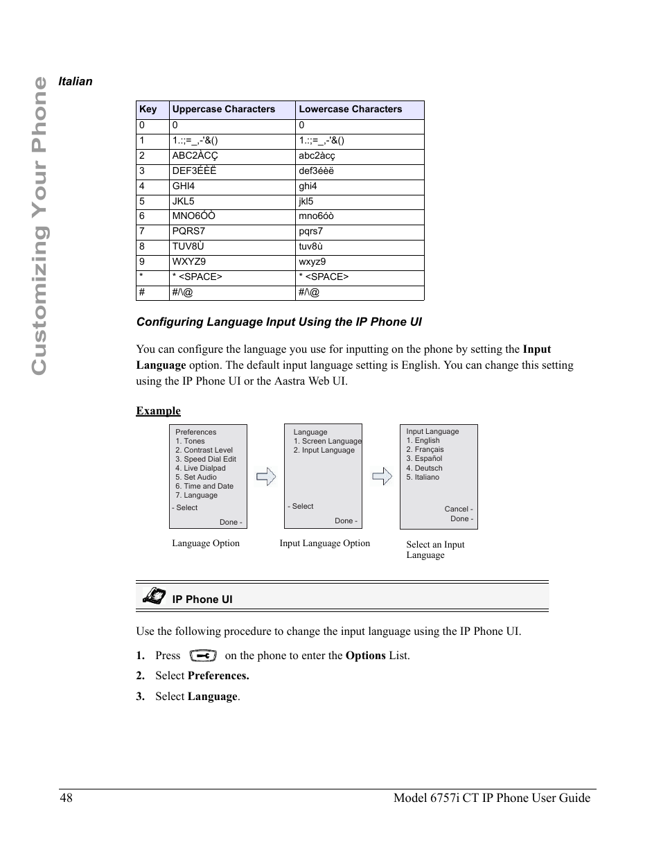 Italian, Configuring language input using the ip phone ui, Customizing your phone | Aastra Telecom 6757I CT User Manual | Page 58 / 310