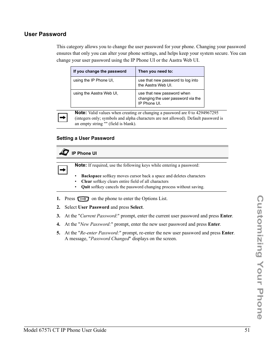 User password, Setting a user password, Customizing your phone | Aastra Telecom 6757I CT User Manual | Page 61 / 310