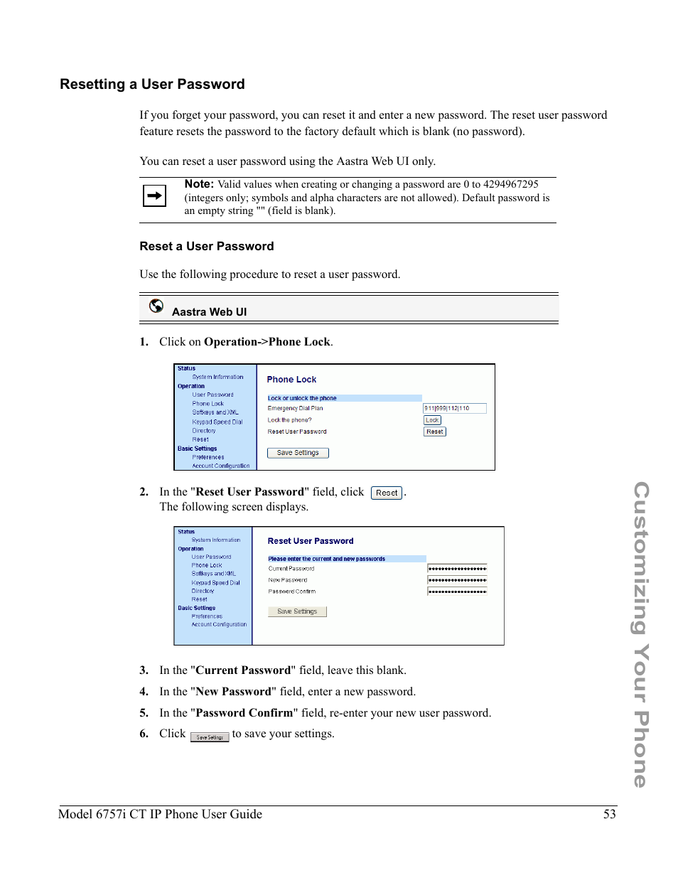 Resetting a user password, Reset a user password, Customizing your phone | Aastra Telecom 6757I CT User Manual | Page 63 / 310
