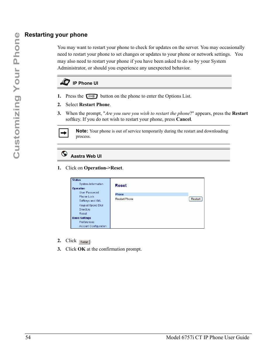 Restarting your phone, Customizing your phone | Aastra Telecom 6757I CT User Manual | Page 64 / 310