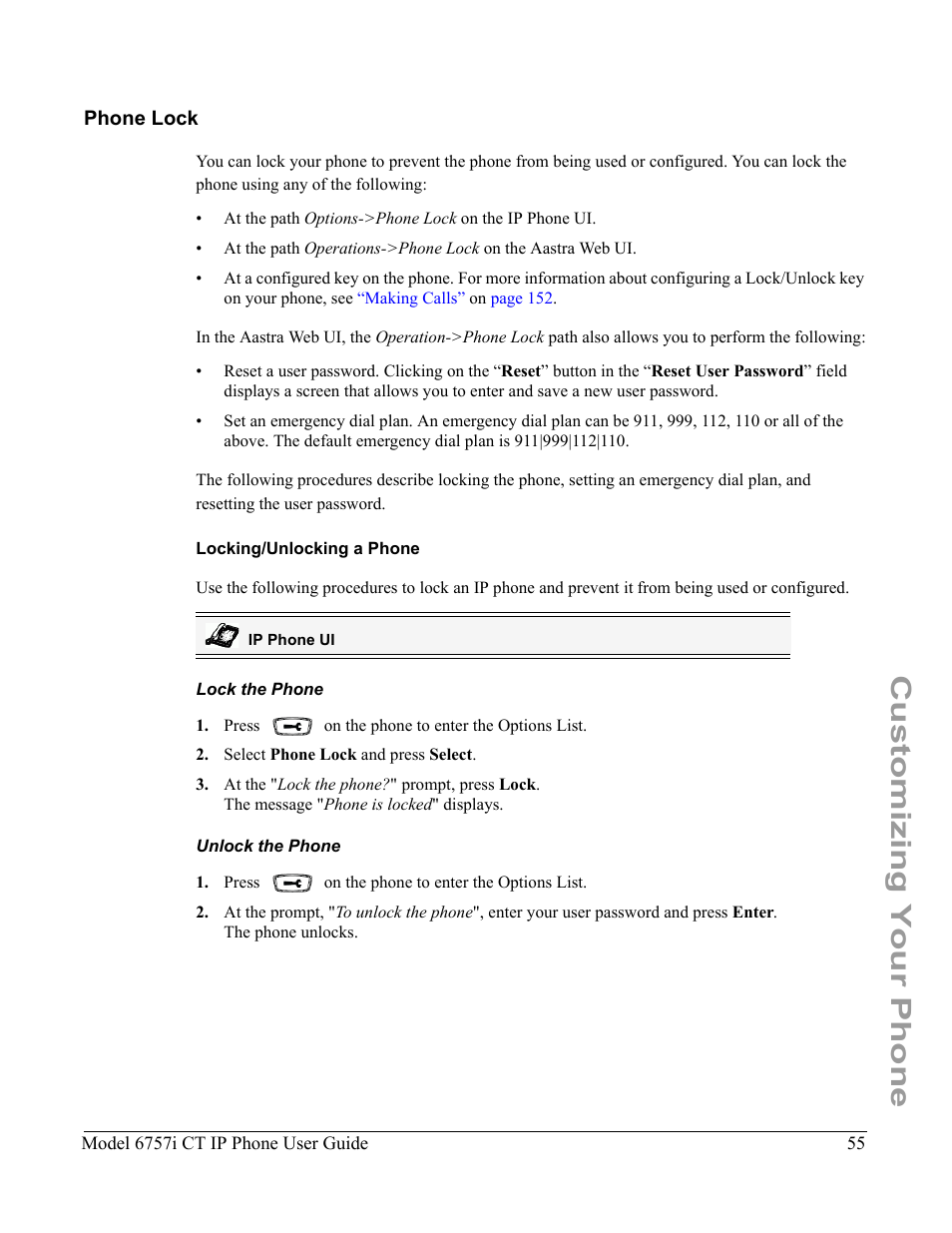 Phone lock, Locking/unlocking a phone, Lock the phone | Unlock the phone, Customizing your phone | Aastra Telecom 6757I CT User Manual | Page 65 / 310