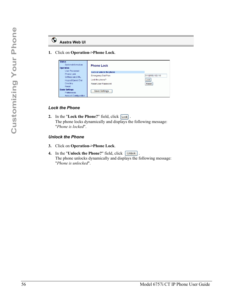 Lock the phone, Unlock the phone, Customizing your phone | Aastra Telecom 6757I CT User Manual | Page 66 / 310