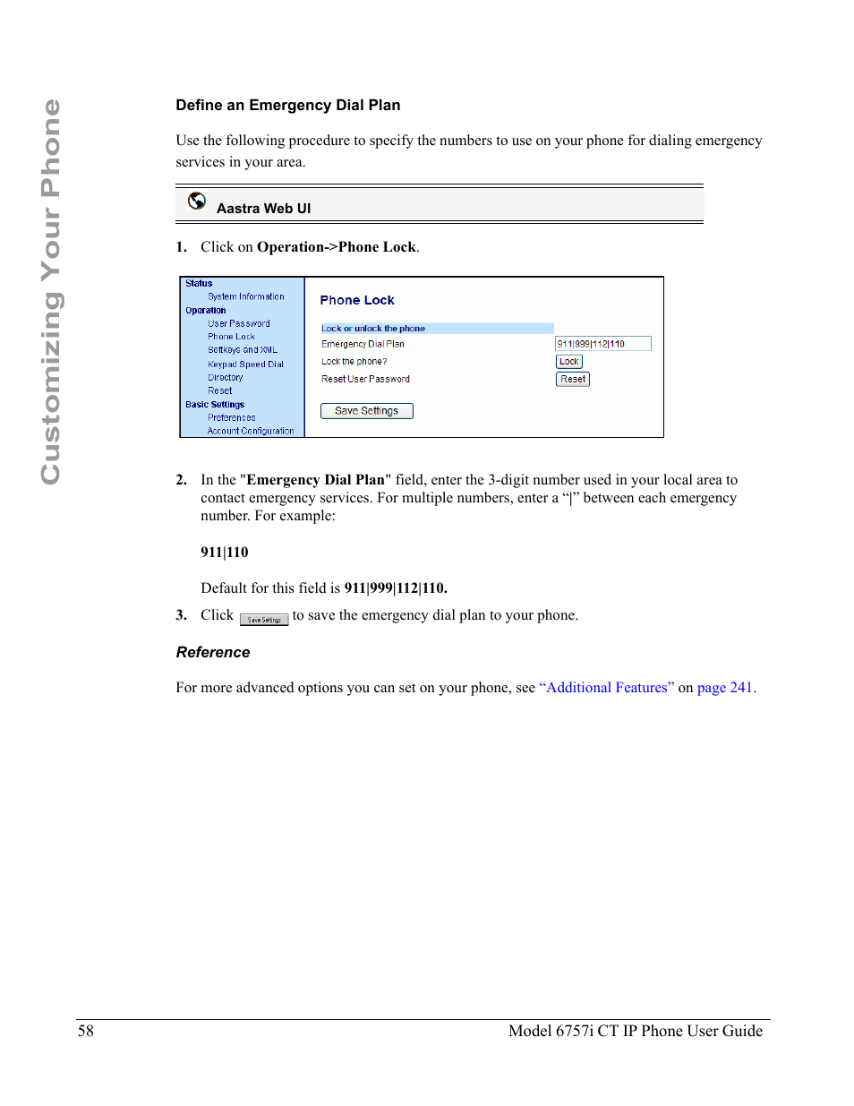 Define an emergency dial plan, Reference, Customizing your phone | Aastra Telecom 6757I CT User Manual | Page 68 / 310