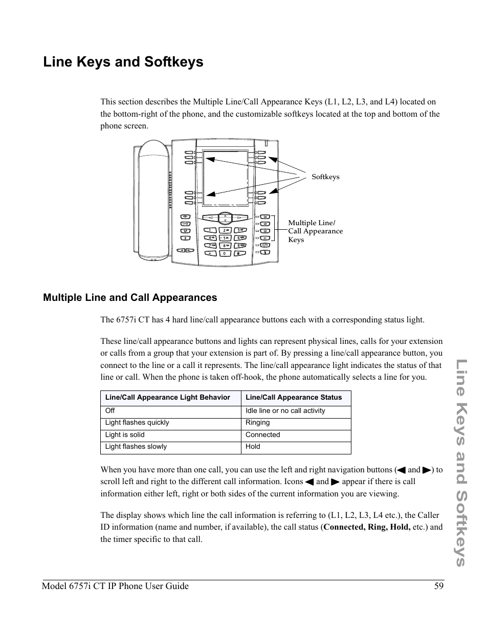 Line keys and softkeys, Multiple line and call appearances | Aastra Telecom 6757I CT User Manual | Page 69 / 310