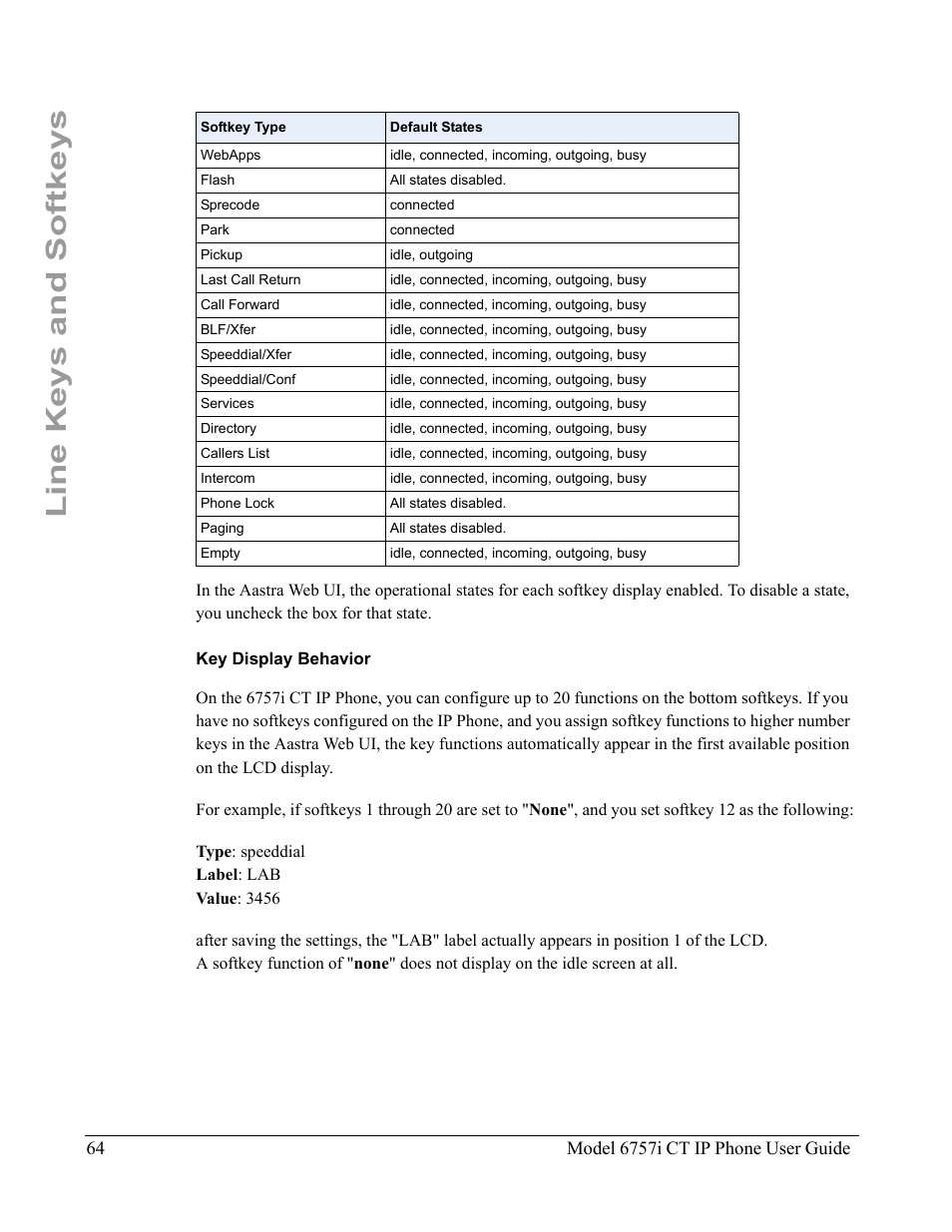 Key display behavior, Line keys and softkeys | Aastra Telecom 6757I CT User Manual | Page 74 / 310
