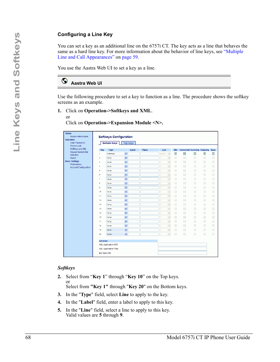 Configuring a line key, Line keys and softkeys | Aastra Telecom 6757I CT User Manual | Page 78 / 310