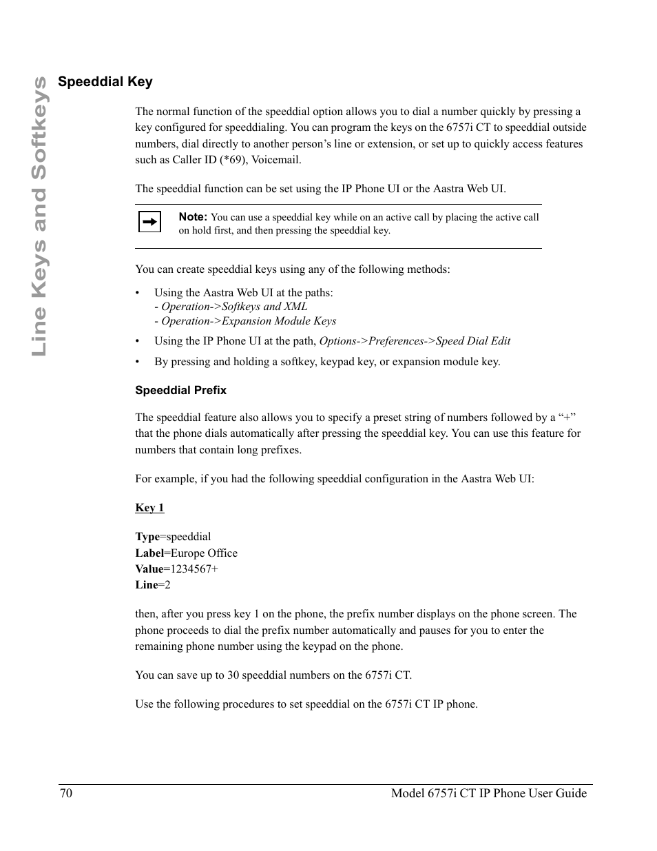 Speeddial key, Speeddial prefix, Line keys and softkeys | Aastra Telecom 6757I CT User Manual | Page 80 / 310