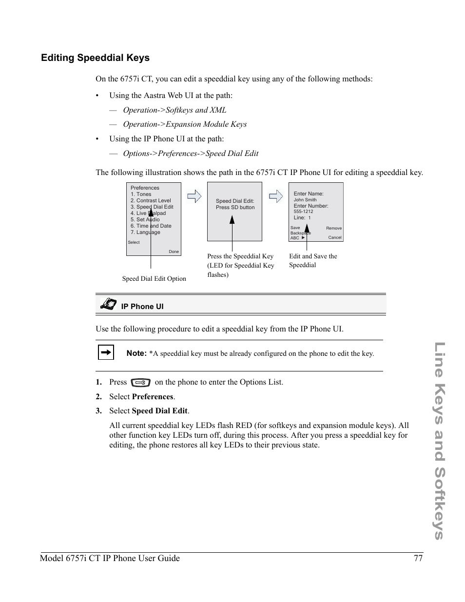 Editing speeddial keys, Line keys and softkeys, Model 6757i ct ip phone user guide | Aastra Telecom 6757I CT User Manual | Page 87 / 310