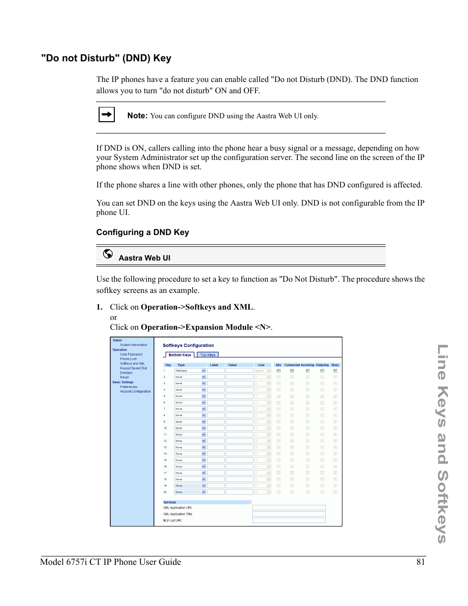 Do not disturb" (dnd) key, Configuring a dnd key, Line keys and softkeys | Aastra Telecom 6757I CT User Manual | Page 91 / 310