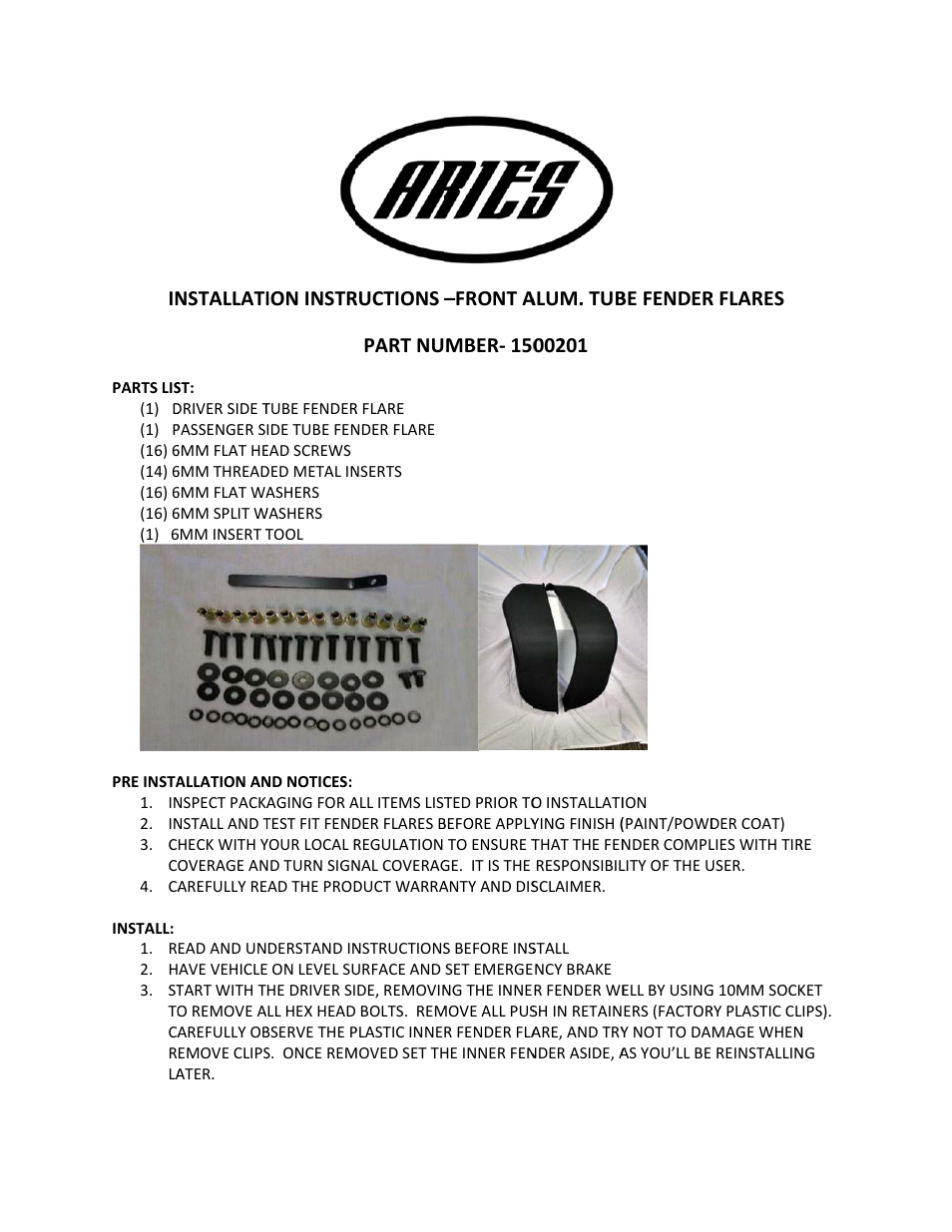 Aries Automotive 1500201 User Manual | 4 pages