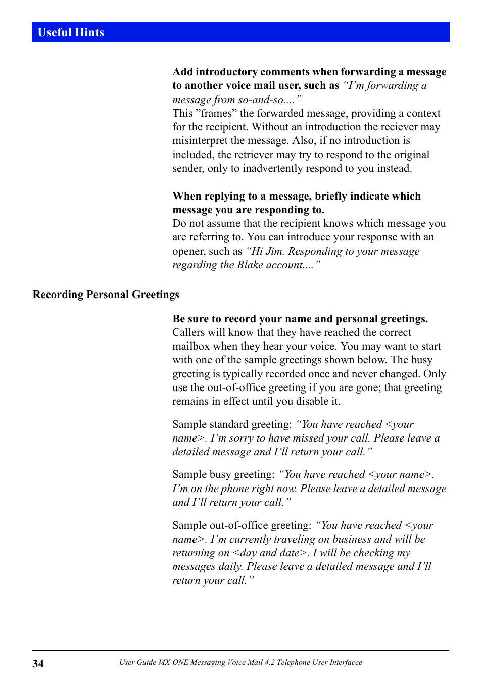 Recording personal greetings | Aastra Telecom MX-ONE 4.2 User Manual | Page 36 / 46