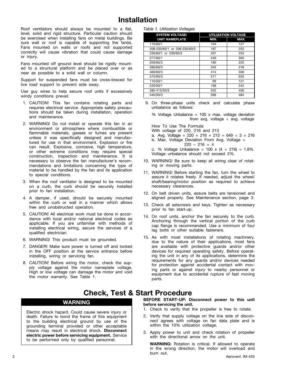 Installation, Table 1. utilization voltages, Check, test & start procedure | Warning | Aerovent IM-435 User Manual | Page 2 / 8