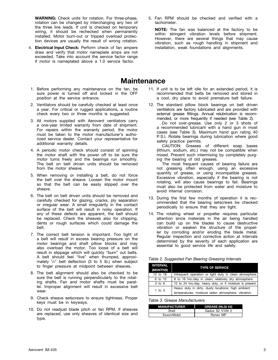 Maintenance, Table 2. suggested fan bearing greasing interval, Table 3. grease manufacturers | Aerovent IM-435 User Manual | Page 3 / 8