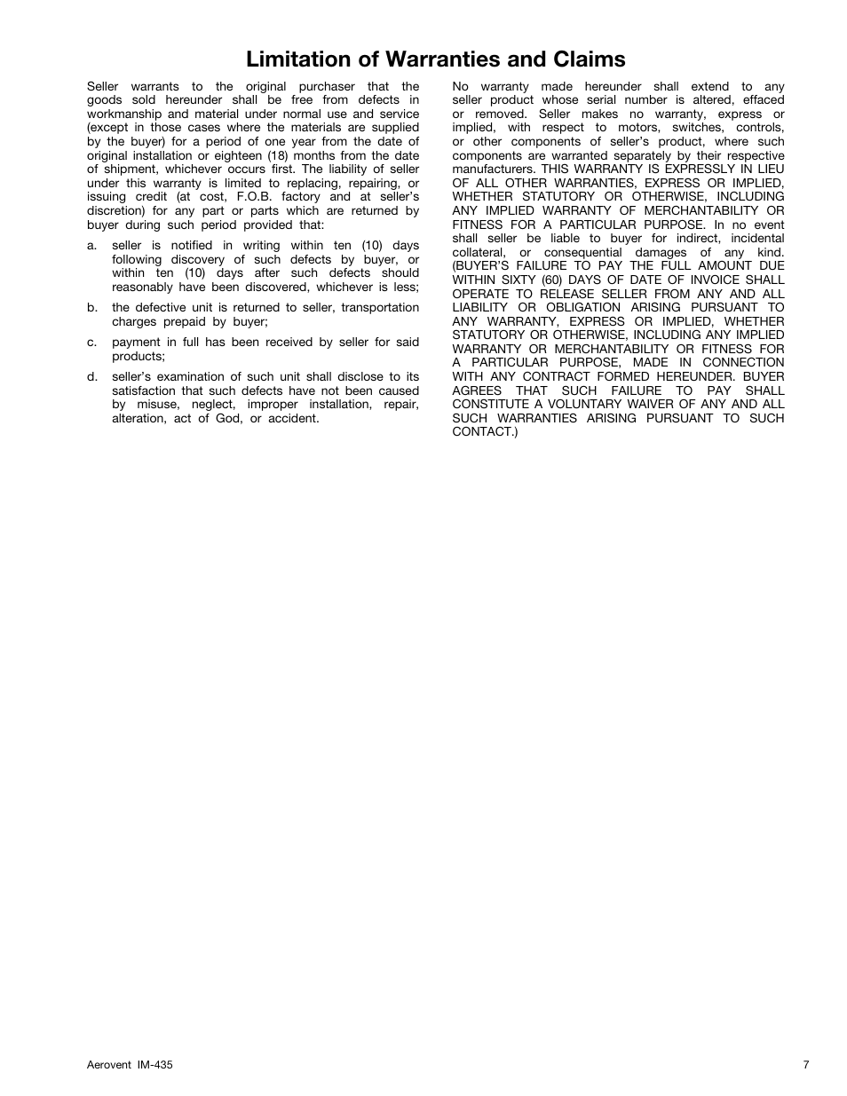 Limitation of warranties and claims | Aerovent IM-435 User Manual | Page 7 / 8