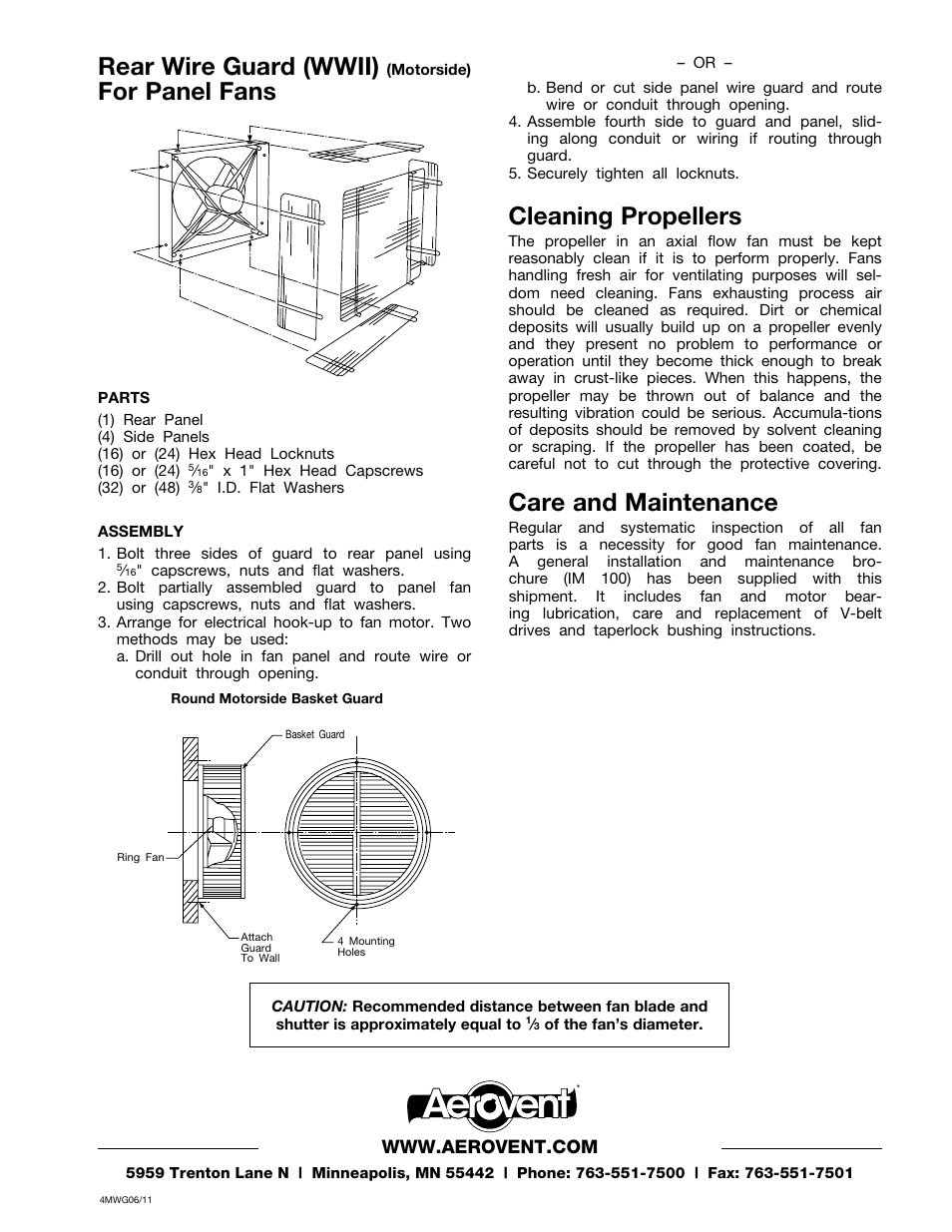 Rear wire guard (wwii), For panel fans, Cleaning propellers | Care and maintenance | Aerovent IM-110 User Manual | Page 4 / 4