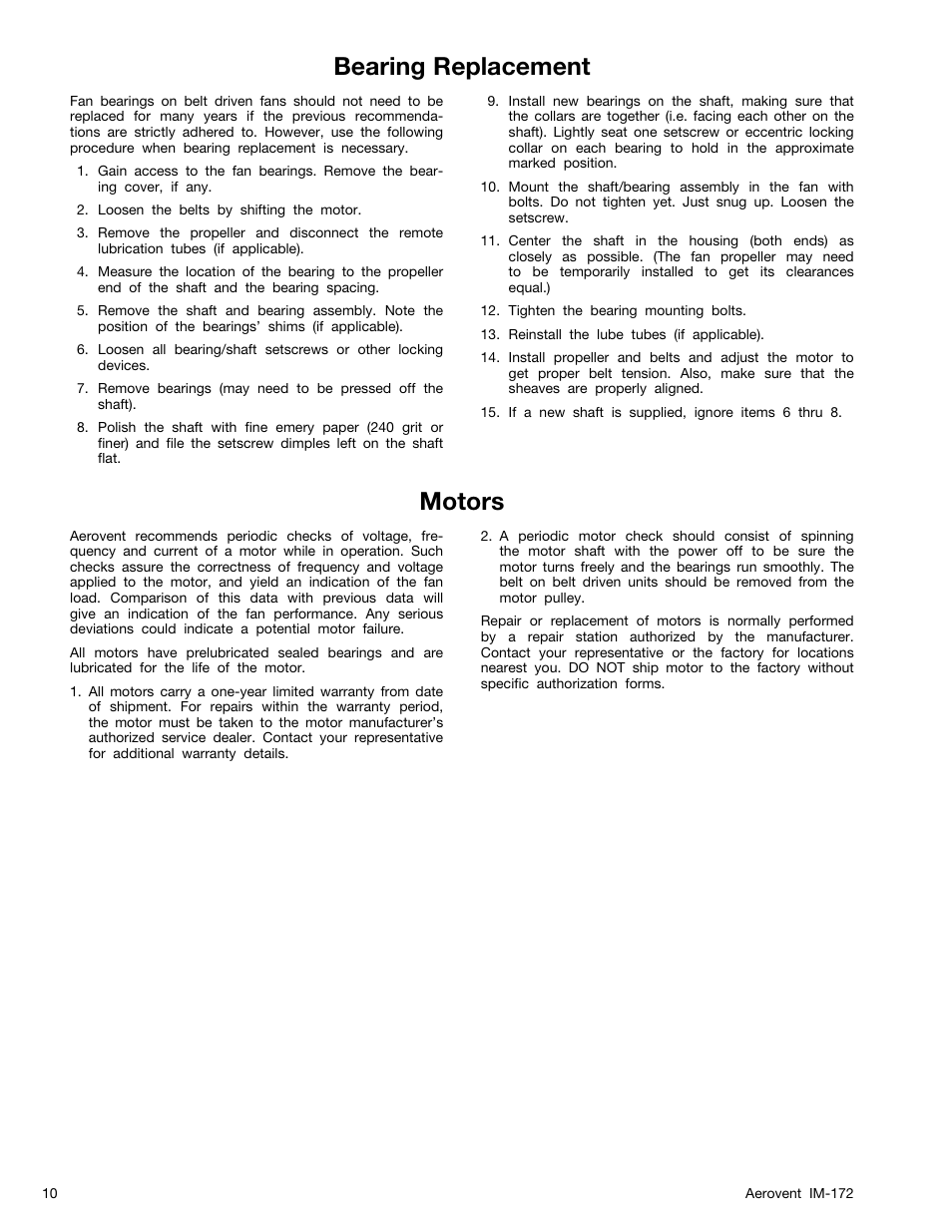 Bearing replacement motors | Aerovent IM-172 User Manual | Page 10 / 16